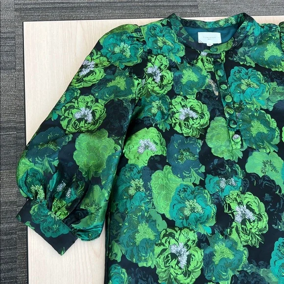 NEW Pomander Place Tuckernuck green floral jacquard Samantha dress puff sleeves - Picture 5 of 13